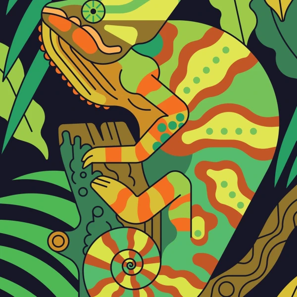 Graphic illustration of a chameleon that is melding into the leafy background