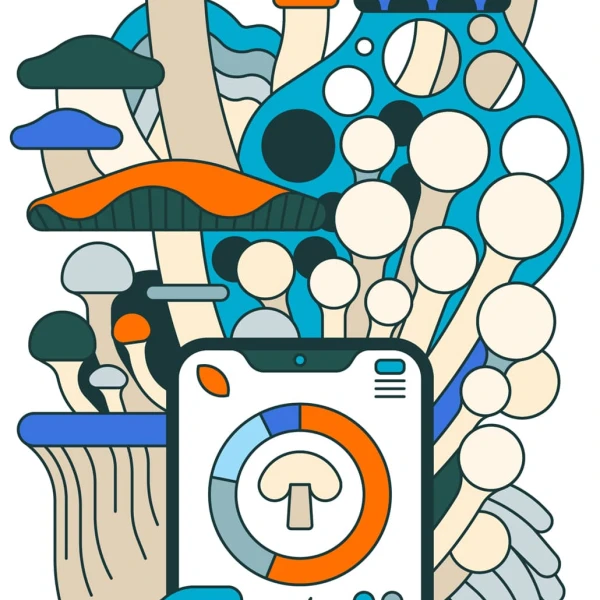 Cartoony illustration of a smartphone surrounded by many different mushrooms