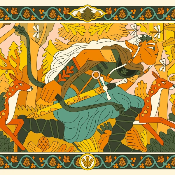 Graphic illustration of an elvish hunter, holding a crossbow and a sword, running with dear through a forest