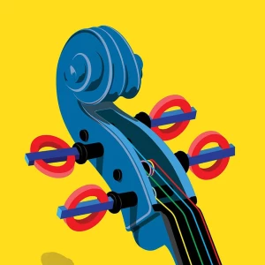 Illustration of a violin and the pegs are the London Underground logo. Illustration by Paul Garland, Conceptual, 