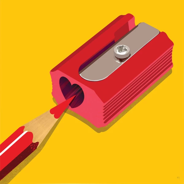 Graphic illustration of a pencil sharpener with a heart-shaped opening