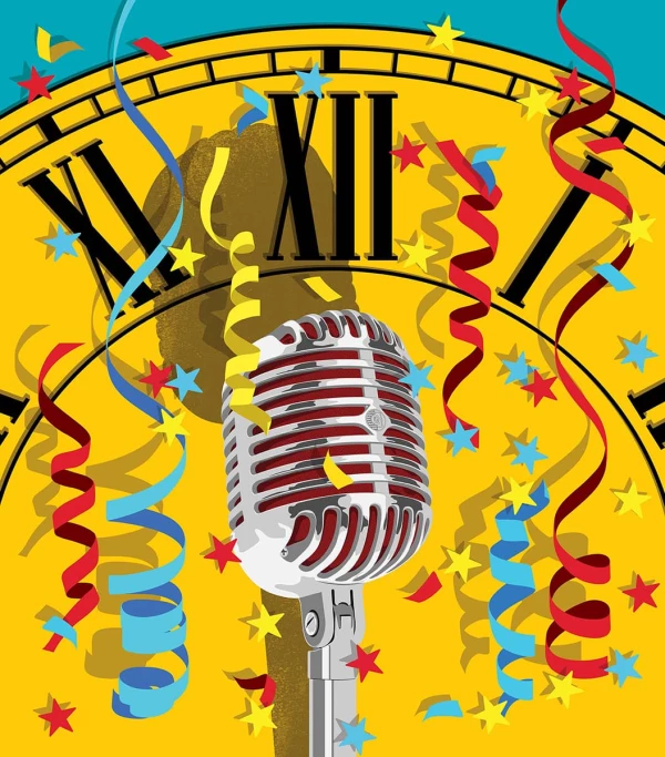 Vibrant illustration of an old-fashioned silver microphone in front of a large yellow clockface surrounded by confetti