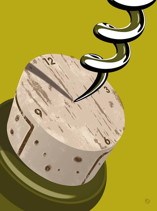 Illustration of a corkscrew entering a wine cord that has the face of clock on it.