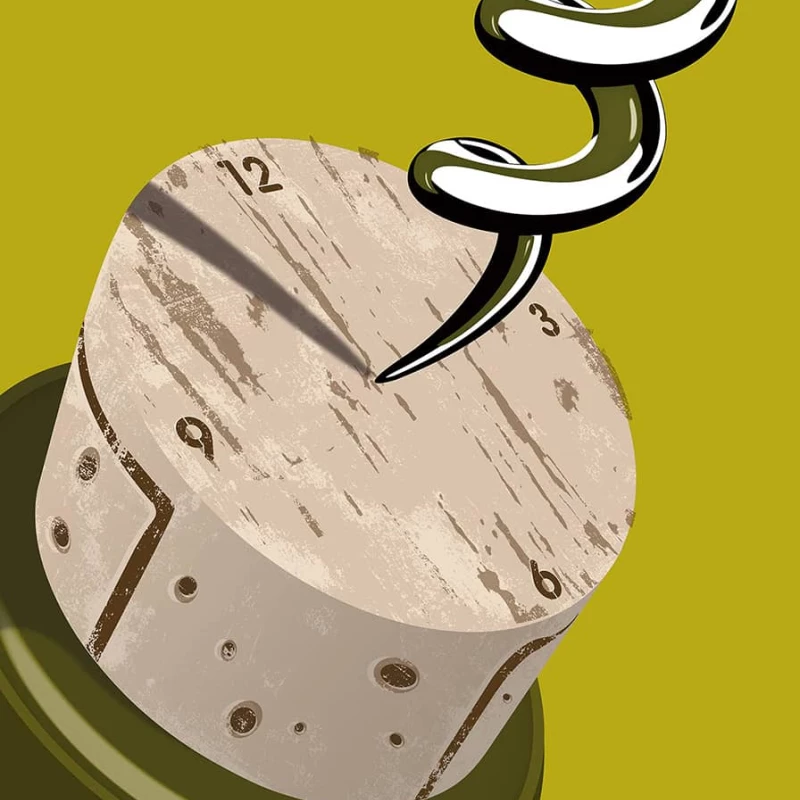 Illustration of a corkscrew entering a wine cord that has the face of clock on it.. Illustration by Paul Garland, Conceptual, Lifestyle, Food & Beverage, 