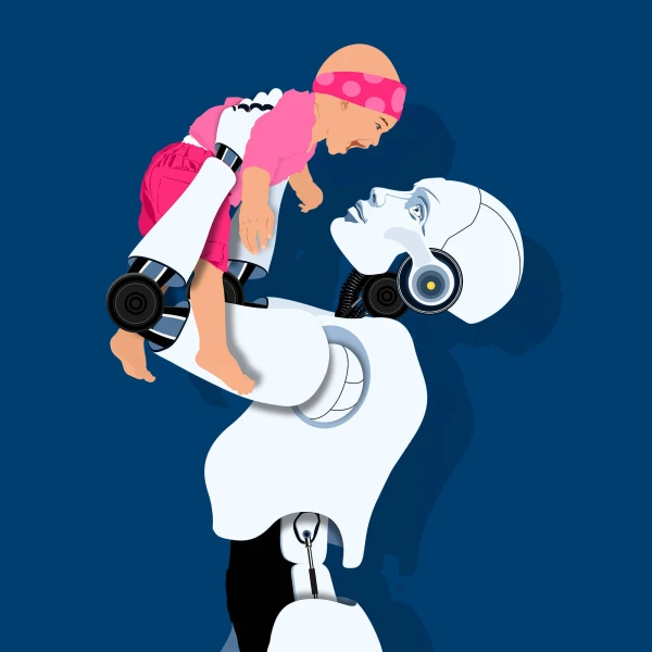 Illustration of robot lifting up a human child