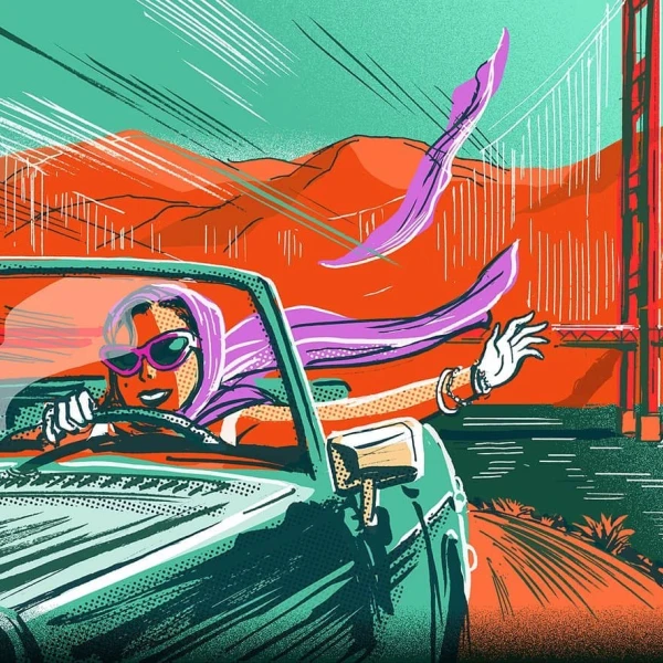 Vibrant illustration of woman in purple head scarf driving a convertible near the Golden Gate Bridge, holding her arm out in wind.