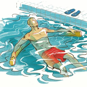 Illustration of a man floating in a pool on a pool noodle. Illustration by Paul Hoppe, Lifestyle, Figurative, 