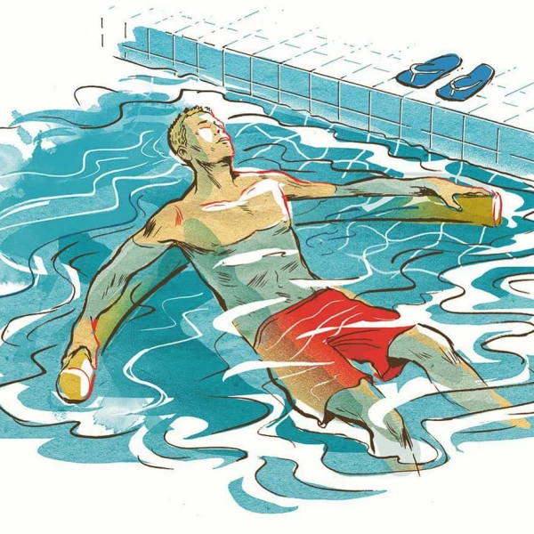 Illustration of a man floating in a pool on a pool noodle