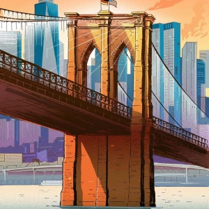 Illustration of the Brooklyn Bridge with the US and German flags on top.. Illustration by Paul Hoppe, Lifestyle, 