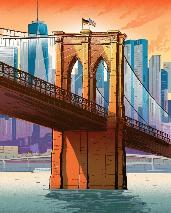 Illustration of the Brooklyn Bridge with the US and German flags on top.