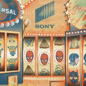 Illustration of 3 slot machine from Sony, Universal and Paramount. Sony’s machine is coming up with 3 Spider-men.. Illustration by Paul Hoppe, Business, Conceptual, 