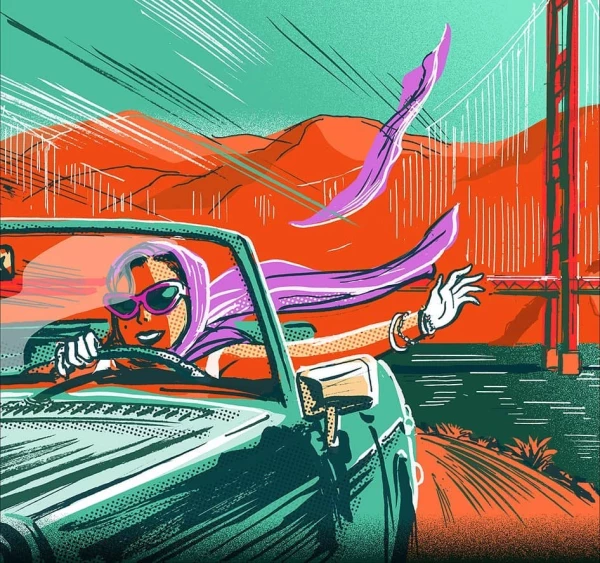 Vibrant illustration of woman in purple head scarf driving a convertible near the Golden Gate Bridge, holding her arm out in wind.