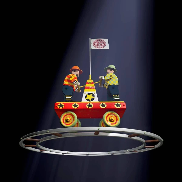 3D illustration of 2 workers on a little trolley, going around in a circle