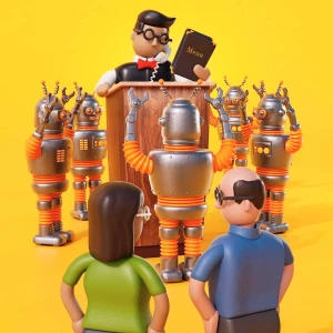 3-D illustration of a couple waiting to talk to a maitre d', but there is a line of silver robots ahead of them.. Illustration by Richard Borge, Lifestyle, Figurative, Whimsical, 