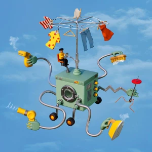 3D illustration of a fantastical machine being driven by a man, while completing various household tasks like drying clothes, steaming, ironing, mending, scrubbing.. Illustration by Richard Borge, Conceptual, Whimsical, 