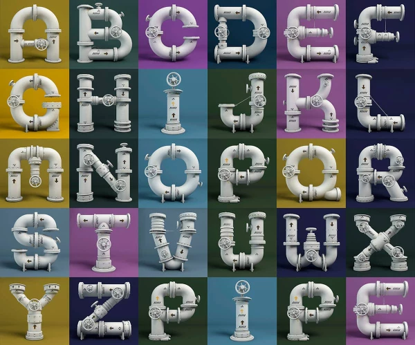 3D illustration of an alphabet made out of pipes