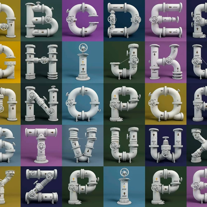 3D illustration of an alphabet made out of pipes. Illustration by Richard Borge, Conceptual, Decorative, Whimsical, 