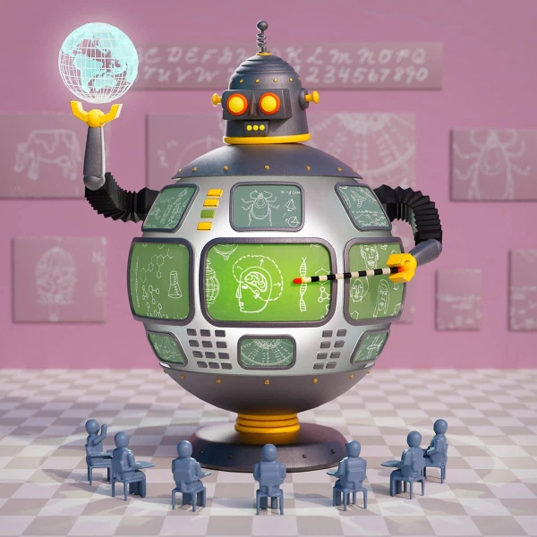 3D illustration of a large, round robot looming over tiny students in desks.. Illustration by Richard Borge, Conceptual, 