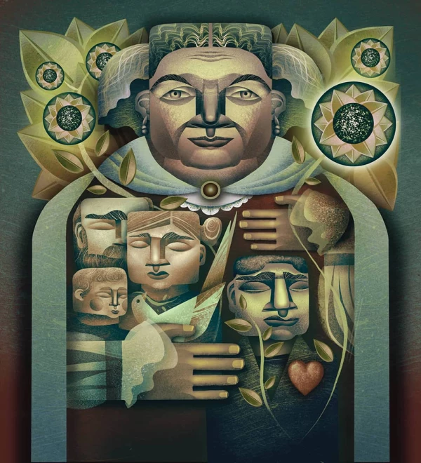 Abstract image of a man with many people inside his cape.