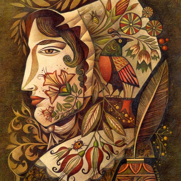 Stylized head of a woman obscured by whimsical flora and fauna