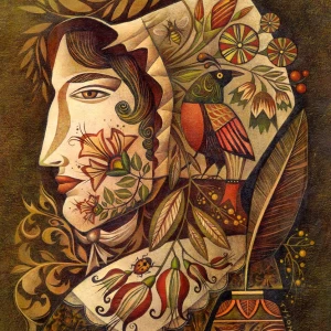 Stylized head of a woman obscured by whimsical flora and fauna. Illustration by Sara Tyson, Decorative, Figurative, Portrait, 