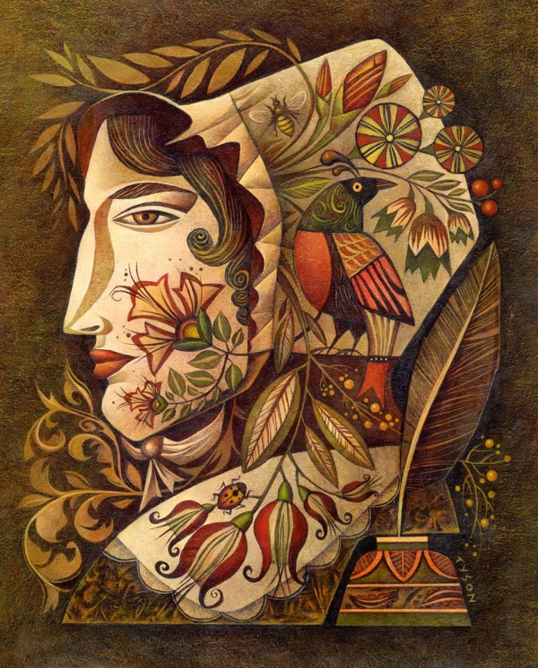 Stylized head of a woman obscured by whimsical flora and fauna