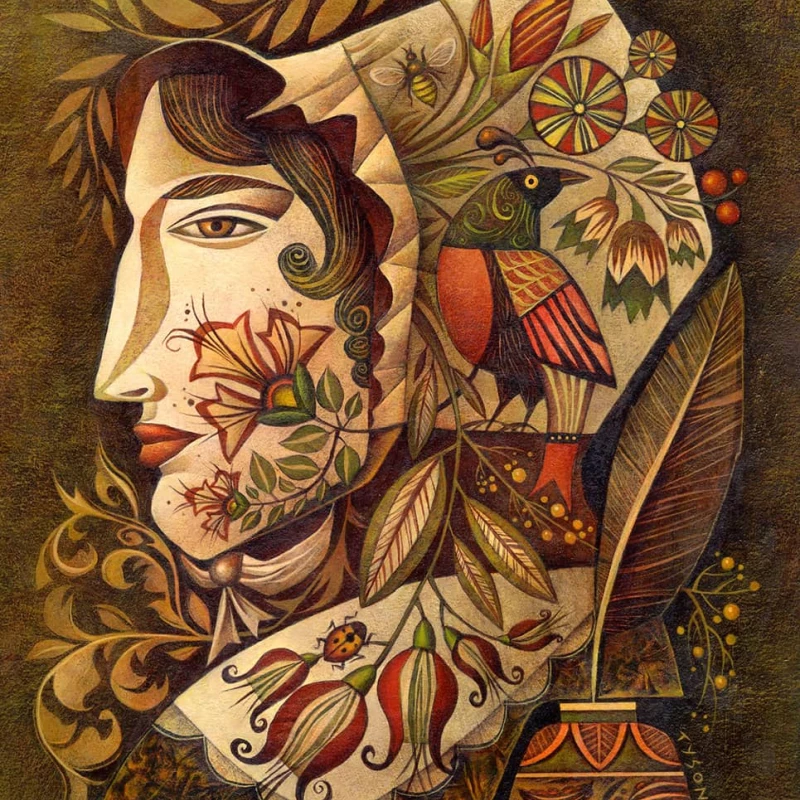 Stylized head of a woman obscured by whimsical flora and fauna. Illustration by Sara Tyson, Decorative, Figurative, Portrait, 