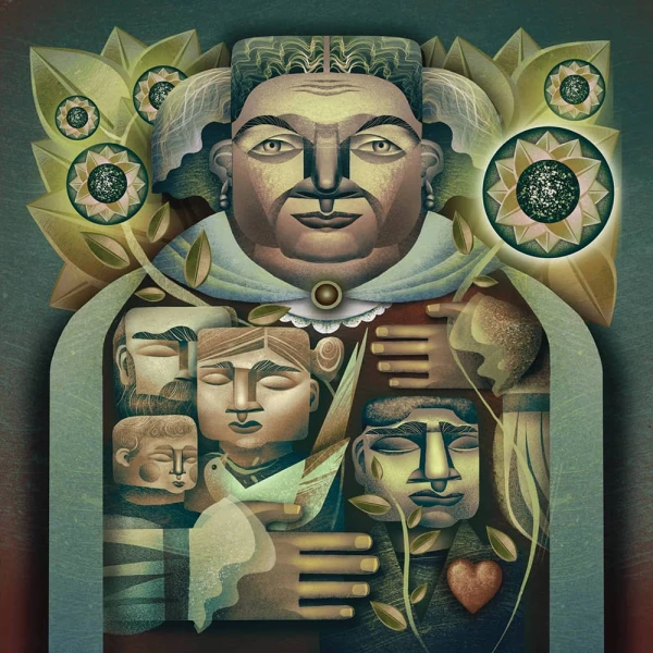 Abstract image of a man with many people inside his cape.