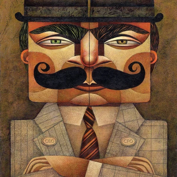 Stylized image of a man in a suit wearing 2 hats