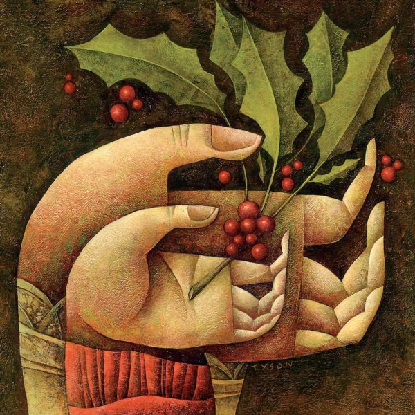 Illustration of a large hand and a smaller hand that are holding sprigs of holly