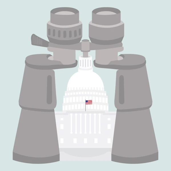 Illustration of a pair of binocular with the Capitol Building attached to it