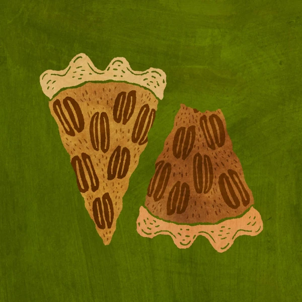 Illustration of 2 slices of pecan pie, one has a bitten