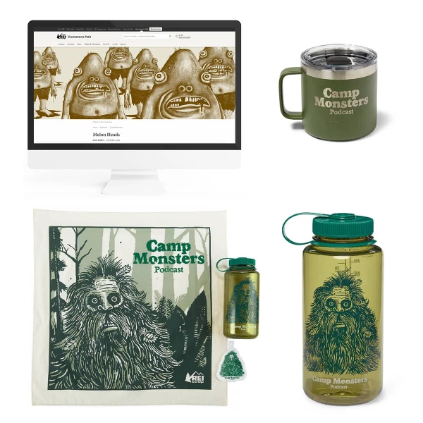 Mug, water bottle, canvas bag illustrated for Camp Monsters podcast