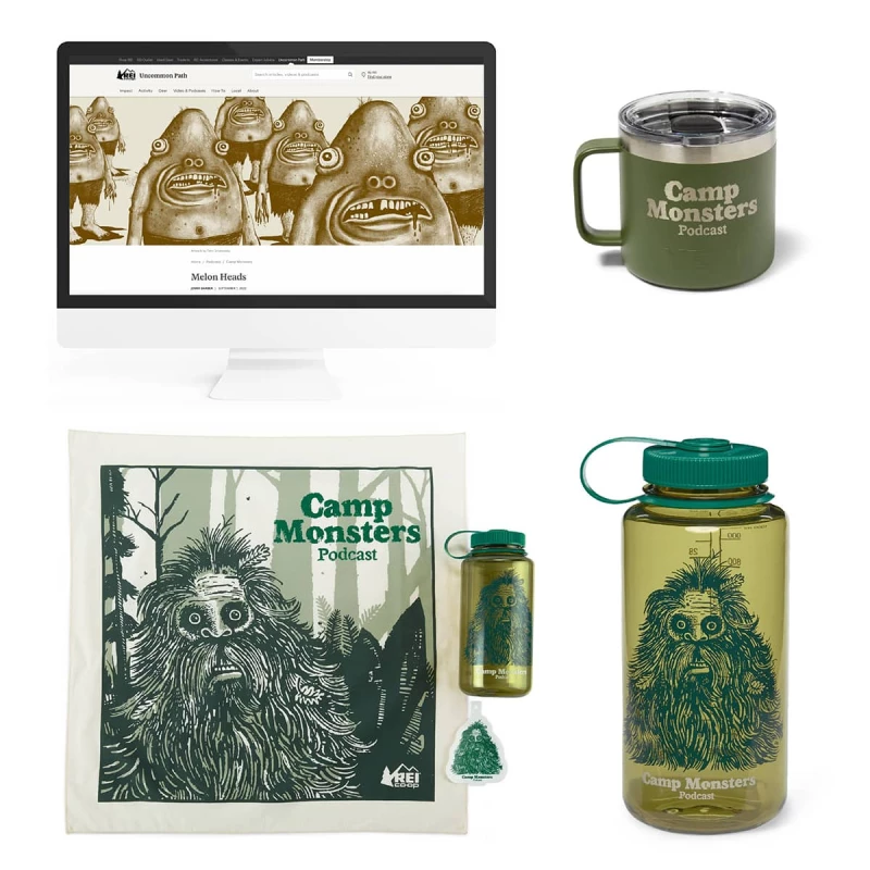 Mug, water bottle, canvas bag illustrated for Camp Monsters podcast. Illustration by Tyler Grobowsky, Lifestyle, Nature, Whimsical, 