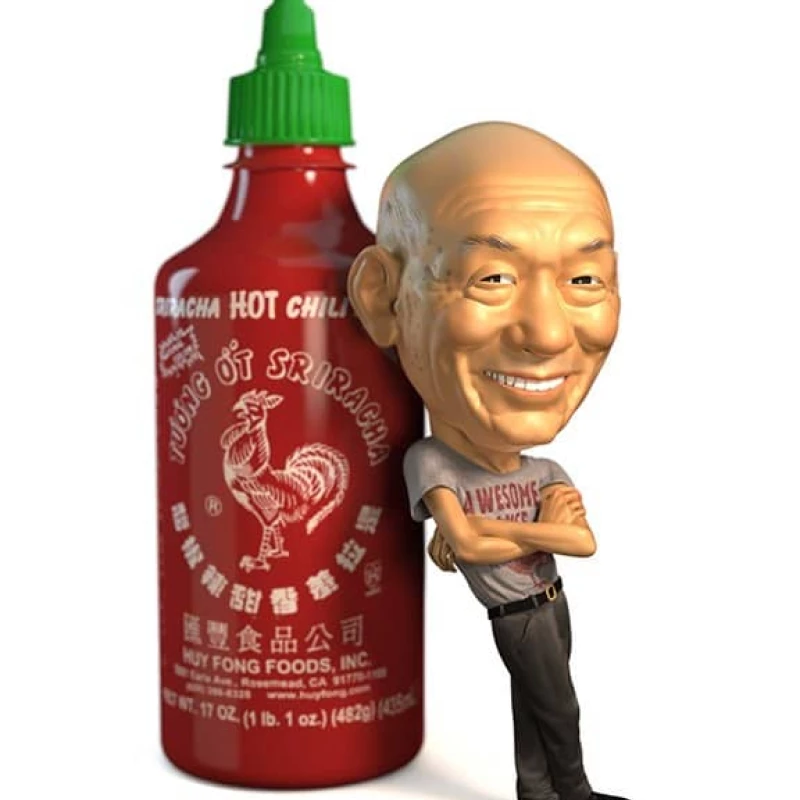 Portrait of David Tran leaning against giant bottle of Sriracha hot sauce. Illustration by Wesley Bedrosian, Portrait, 