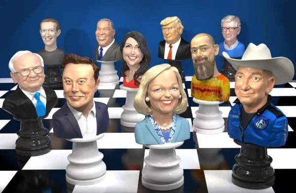 A chess board with the chess pieces portraits of well-known figures like Elon Musk, Donald Trump, Bill Gates