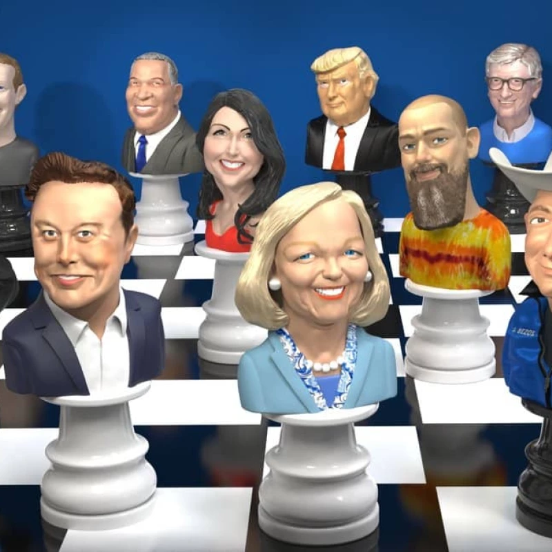 A chess board with the chess pieces portraits of well-known figures like Elon Musk, Donald Trump, Bill Gates. Illustration by Wesley Bedrosian, Portrait, 