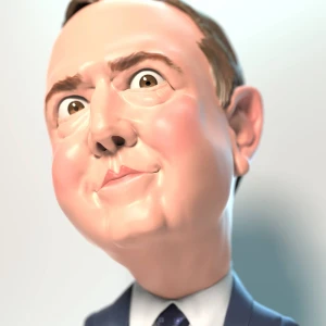 3-D illustration of US Representative Adam Schiff, looking at you with intensity. Illustration by Wesley Bedrosian, Portrait, Figurative, 