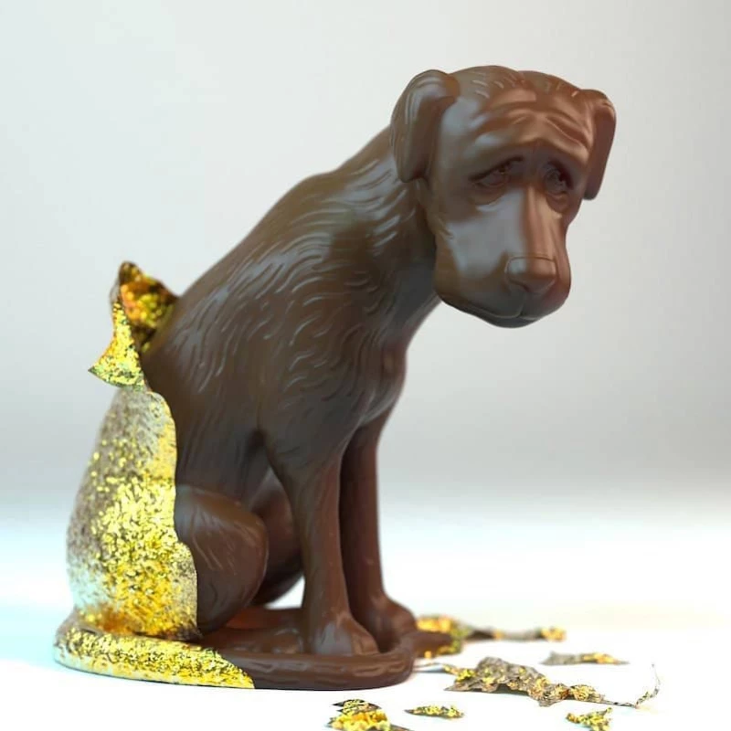 Image of a chocolate dog with his foil wrapper in shreds. Illustration by Wesley Bedrosian, Conceptual, 