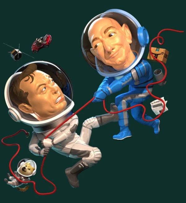 Image of Elon Musk and Jeff Bezos fighting in outer space