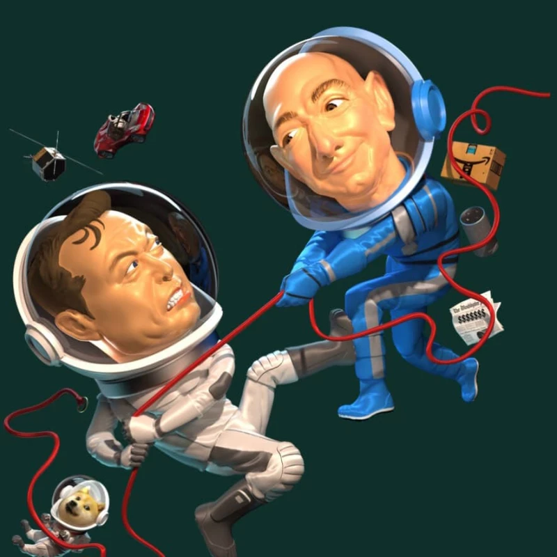 Image of Elon Musk and Jeff Bezos fighting in outer space. Illustration by Wesley Bedrosian, Portrait, 