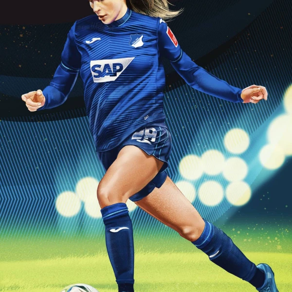 Illustration of soccer player Jule Brand, mid-stride, about to kick the ball.