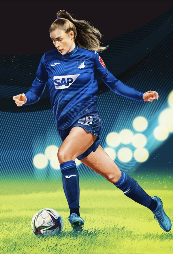 Illustration of soccer player Jule Brand, mid-stride, about to kick the ball.