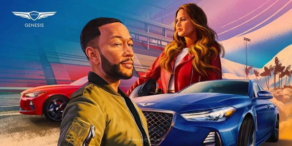 Illustration for Genesis automobiles with John Legend and Chrissy Teigen