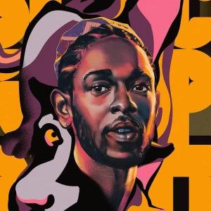 Portrait of Kendrick Lamar on a bright abstract background. Illustration by  WFlemming, Portrait, Decorative, Figurative, 