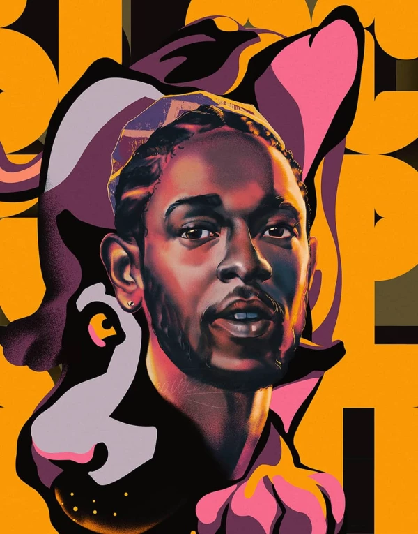 Portrait of Kendrick Lamar on a bright abstract background