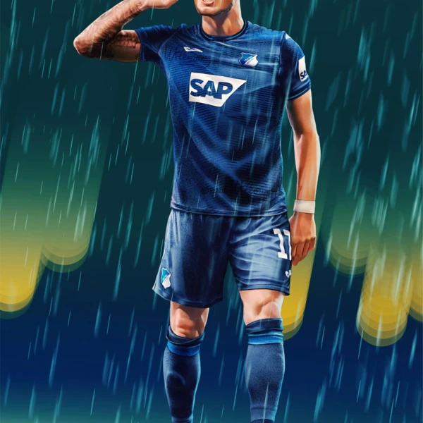 Illustration of footballer David Raum walking through the rain, holding his fingers up to his ear.