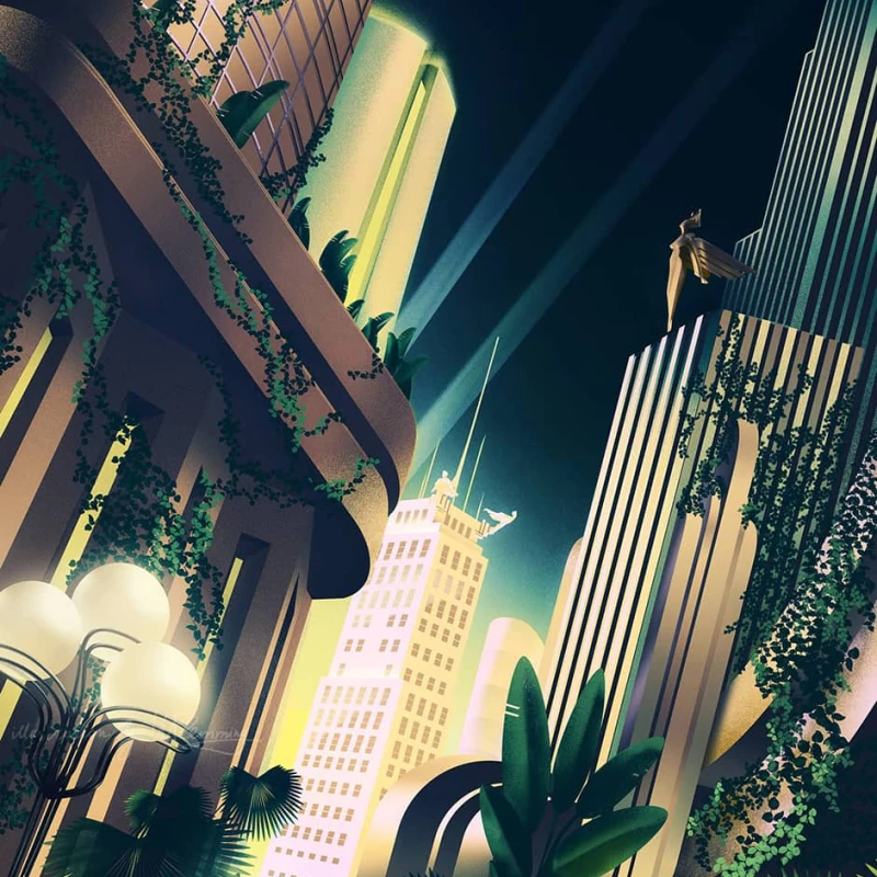 Deco-inspired cityscape. Illustration by  WFlemming, Fantasy, Lifestyle, Nature, 