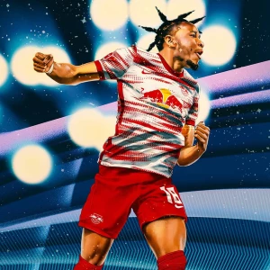 Dynamic image of soccer player Christopher Nkunku celebrating. Illustration by  WFlemming, Sports, Portrait, Figurative, 